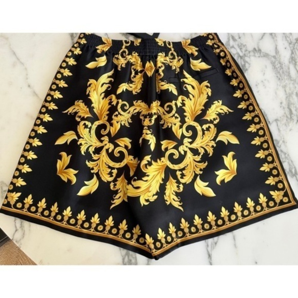 Versace 1010119 Mens 100% Silk Leaf Print Shorts Black Gold Print, sz‎ 54